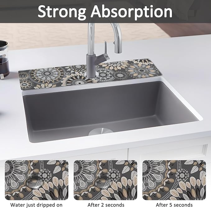 2PCS 24" X 5.5" Kitchen Sink Splash Guard Faucet Mat Mandala Super Absorbent Fast Drying Faucet Guard & Draining Mat Sink Splash Guard Behind Faucet for Kitchen, Bathroom - Image 3