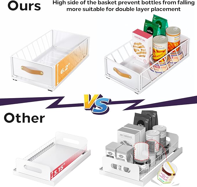 Pull out Cabinet Organizer,Heavy Duty Slide out Pantry Shelves Drawer Storage with Adhesive Nano Film,Sliding Mesh Cabinet Basket with Handle for Kitchen, Bathroom, Home, 11.8W" X 15.7"D X 6.2"H,White - Image 4