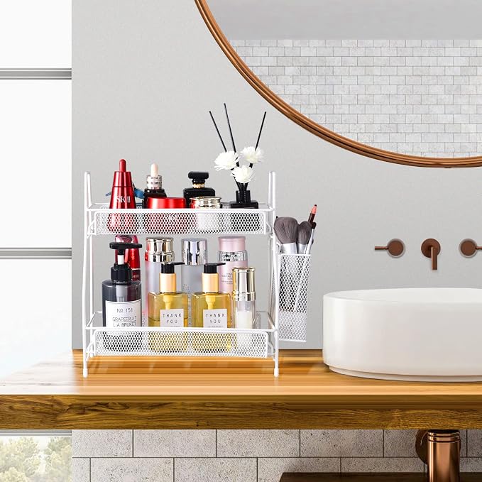 Countertop organizer for bathroom counter, bathroom organizers and storage, spice rack organizer for kitchen counter shelf with small basket(White) - Image 2