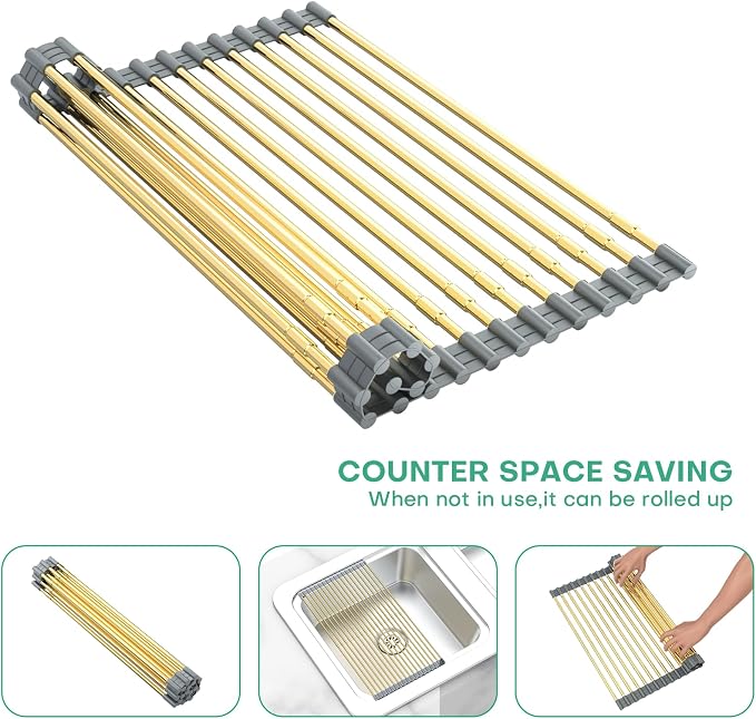 Expandable Large Draining Rack, Roll Up Heat-Resistant Dish Drainer for Stainless Steel Sinks, Collapsible Over The Sink Rack Non-Slip Silicone Rolling Up Rack Gold 18 Tube - Image 4