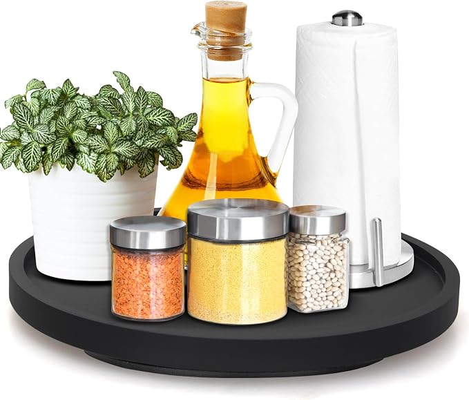 12" Black Wooden Lazy Susan Turntable for Table Top Round Bathroom Tray | Wood Lazy Susan Organizer for Cabinet Dining Table Kitchen Sink Counter Decorative Large Lazy Susan Rotating Tray Spice Rack by Ayiaren