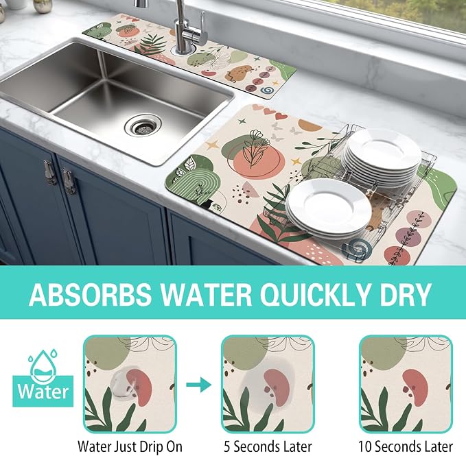 Dish Drying Mat for Kitchen Counter Matt, 2PCS 31.5"x17" Dish Drainer Mat & 24"x5.5" Sink Splash Guard, Super Absorbent Non-slip Rubber Backed - Image 3