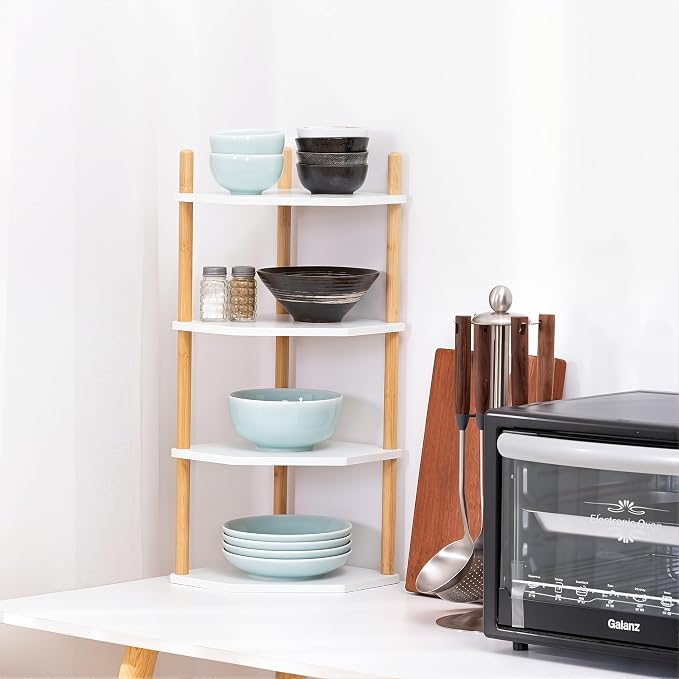 4-Tier Bamboo Corner Shelf,Kitchen Countertop Organizer,Corner Countertop Organizer Shelf, Coffee Bar Organizer,Coffee Bar Accessories,for Kitchen, Pantry, Organizers and Storage,White - Image 2