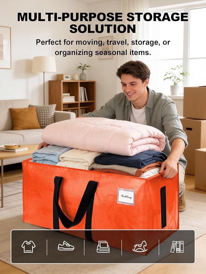 HOMESURE Supports 200lbs Heavy Duty Moving Bags - Strong Zipper & Wrap-Around Handles - Water-Resistant Storage Totes, Durable Alternative to Moving Boxes - 4 Pack - Orange - Image 4