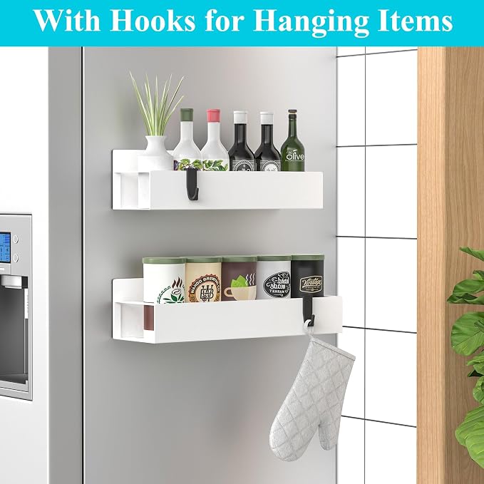 2 Pack Magnetic Spice Storage Rack Organizer for Refrigerator and Oven, White Fridge Organizers and Storage | Magnetic Shelves Heavy Duty for Fridge in Kitchen, Seasoning Storage Organizer, For Oven Washer and Dryer, For Heavier Items - Image 2