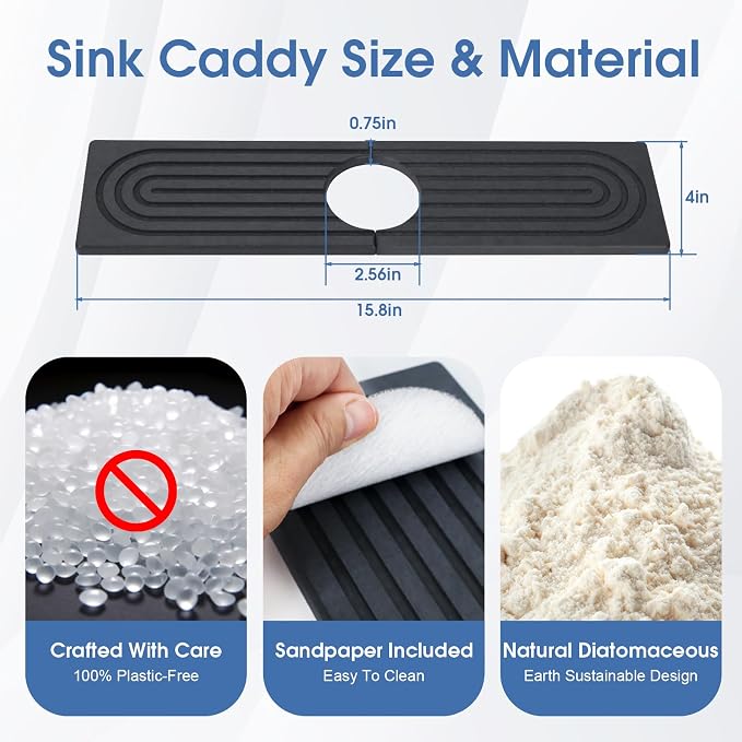 Fast Drying Stone Faucet Mat for Kitchen Sink with Raised Feet, Quick Drying Splash Guard, Faucet Splash Guard, Durable Protector for Kitchen, Bathroom Counter, Dark Gray, 15.8" x 4" - Image 3