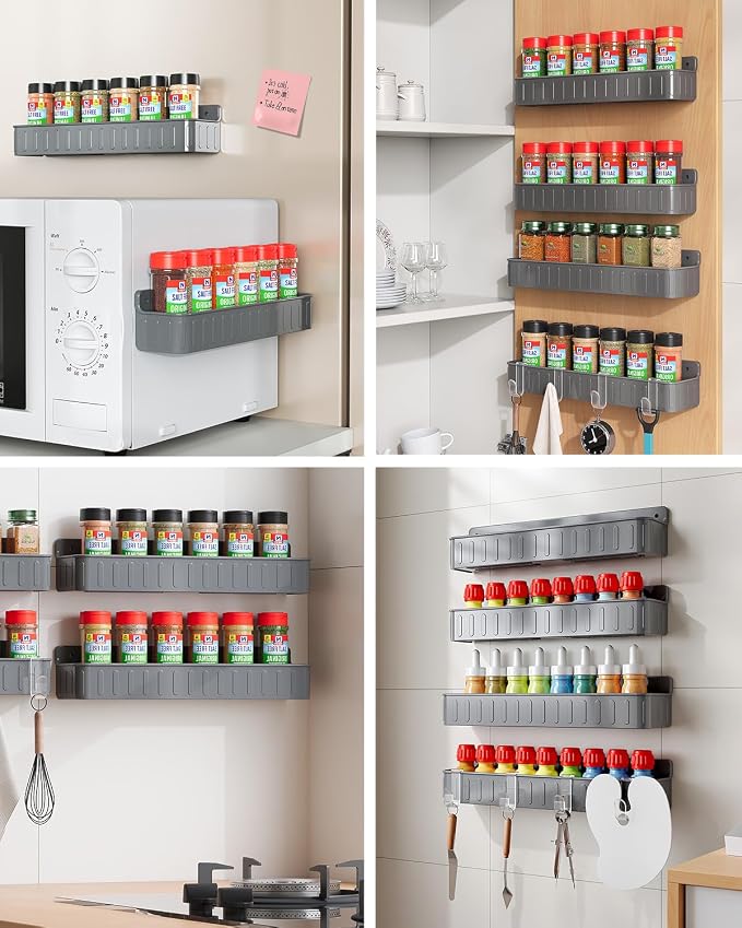 Nieifi Spice Rack Wall Mount, 4 Pack Grey, 2" Depth, Screw/Adhesive | Wall-Mounted with Removable Hooks Saves Counter Space, Fits 2" Deep Jars, Ideal for Kitchen Cabinets, Pantry Doors, and RVs - Image 6