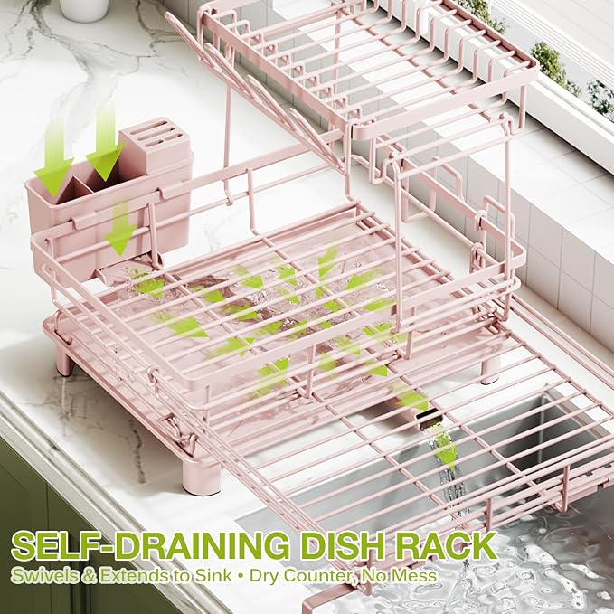 2-Tier Expandable Dish Drying Rack, Kitchen Counter Pink | Large Capacity Kitchen Organization, Heavy-Duty Carbon Steel, Swivel Drain Spout, Cup Hooks & Utensil Holder - Image 2