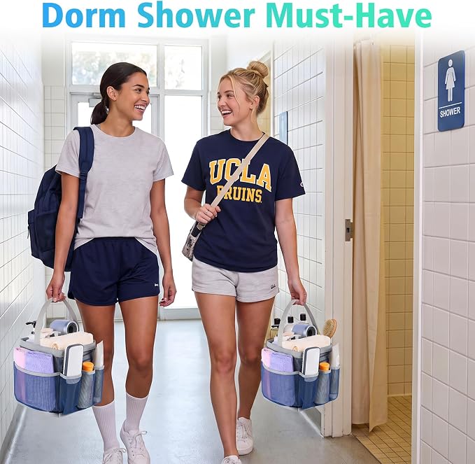 EUDELE Mesh Shower Caddy Portable for College Dorm Room Essentials,Portable Shower Caddy Dorm with 9-Pocket Large Capacity, Shower Bag for Beach, Swimming, Gym, Travel essentials, Navy Blue-Grey - Image 2