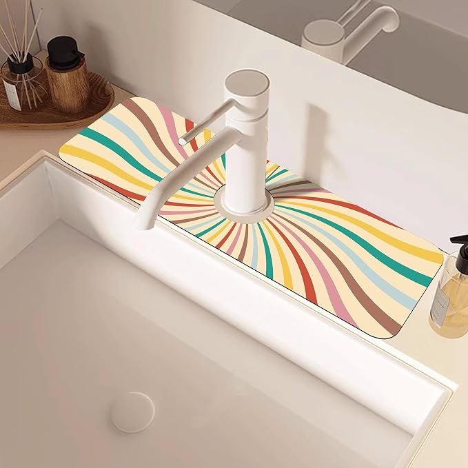 Groovy Retro Swirl Kitchen Sink Splash Guard Mat Absorbent Fast Drying Mat Faucet Draining Mat Sink Splash Guard Behind Faucet Drip Catcher for Kitchen Bathroom 5.5"×15" - Image 2