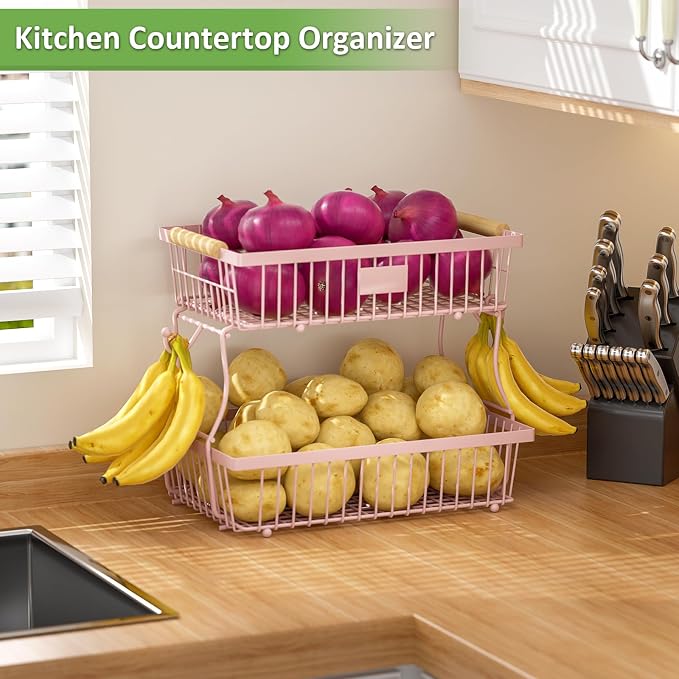 2 Tier Fruit Basket for Kitchen Counter with 2 Banana Hangers, Countertop Metal Fruit Bowl with Wooden Handle, Large Storage Stand for Vegetables, Snacks, Breads, Produce Storage – Pink - Image 6