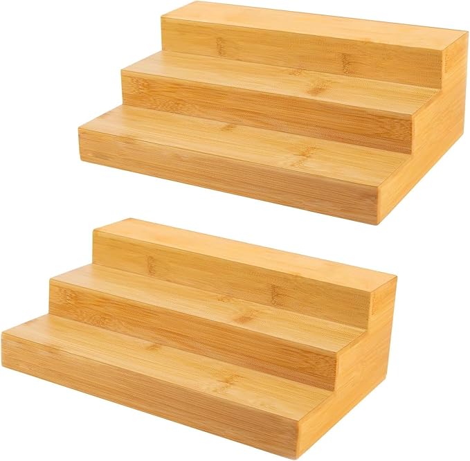 2 Pack Bamboo Spice Rack Organizer for Kitchen Counter, 3 Tier Spice Shelf | 3 Tier Countertop Step Shelf, Seasoning Storage for Kitchen Pantry, Tiered Spice Rack for Jars Bottles (Jars Not Included) by FoverOne