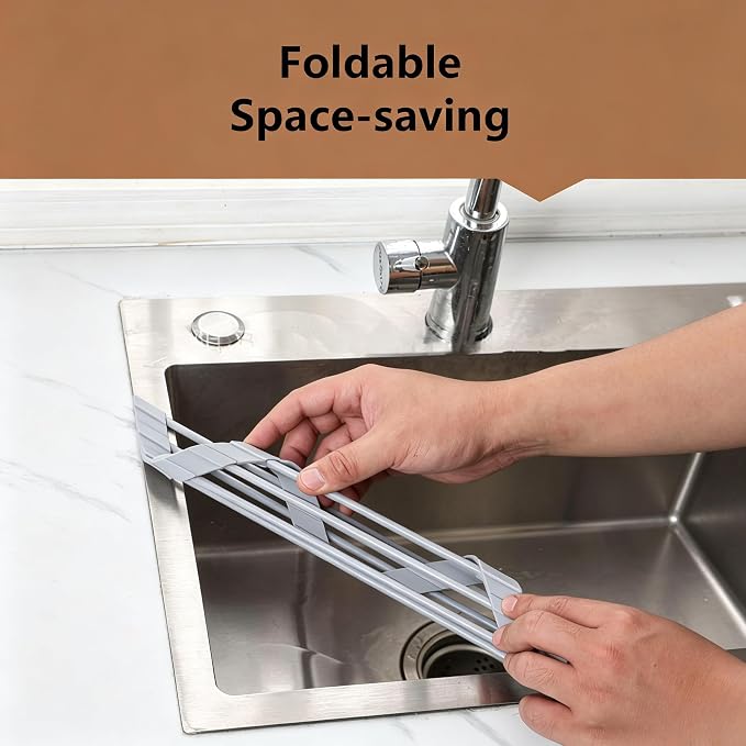 Triangle Roll Up Dish Drying Rack Over Sink-Silicone-Coated Stainless Steel Frame,Anti-Rust,Kitchen Organizer,16"x2.83"x9",Grey - Image 4