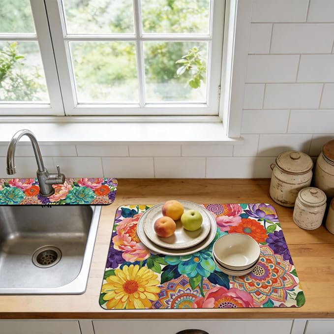 3 Pcs 2 Size Kitchen Sink Splash Guard Faucet Mat Datura Flowers Pattern Faucet Mats for Sinks Colorful Flower Absorbing Drying Mat for Kitchen Bathroom - Image 5