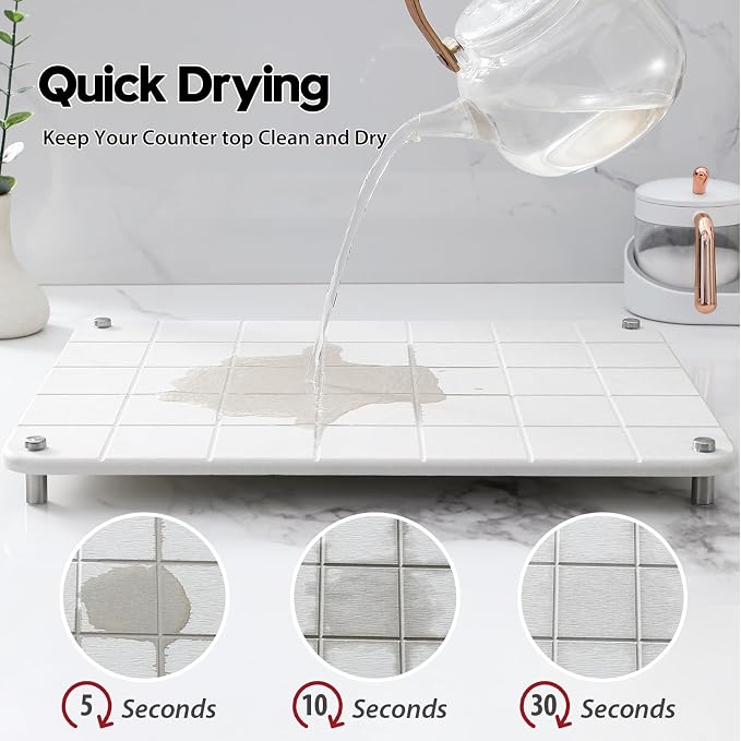 Stone Dish Drying Mat for Kitchen Counter, Water Absorbing Bathroom Tray Sink Organizer, Diatomaceous Earth Countertop Dish Rack Riser Sponge Holder Soap Dish, Gray Beige, 16" x 12" - Image 5