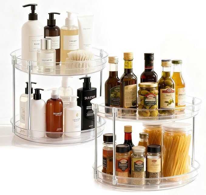 2-Pack 2-Tier Clear Lazy Susan Turntable Organizer, 9.5" Rotating Spice Rack for Kitchen Cabinet, Countertop Tray for Bathroom & Vanity to Organize Makeup, Perfume and Jewelry by EODELLY