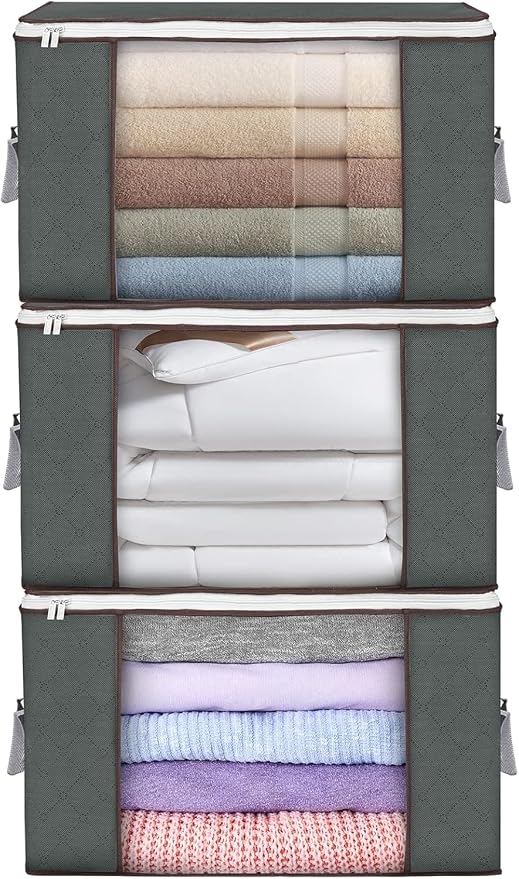 90L Large Storage Bags, 3 Pack Clothes Storage Bins Closet Organizers | Foldable Storage Containers, with Reinforced Handle, for Clothing, Blanket, Comforters, Bed Sheets, Pillows and Toys by BuddingJoy-BuildaJoyfulLifeforYou
