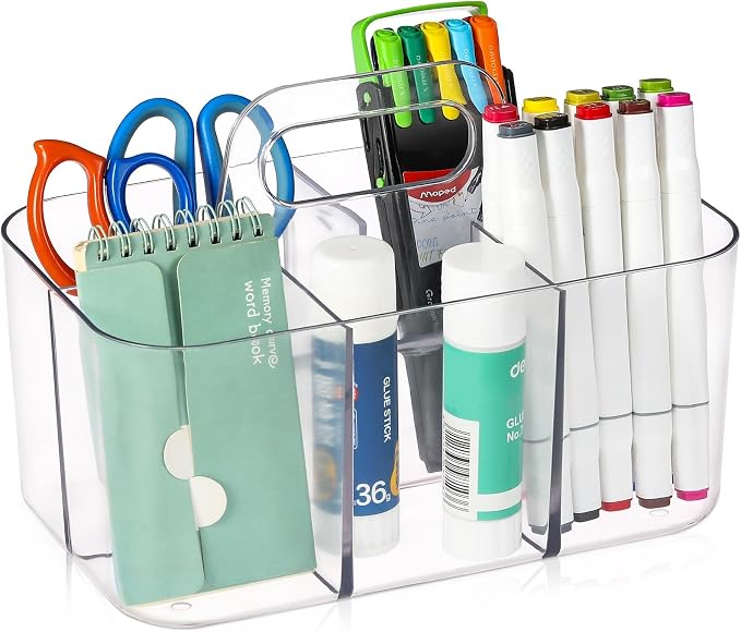 Multiuse Caddy Organizer with Handle, Portable Divided Plastic Tote Bin - Art Craft, Stationary Pen Marker Crayons, Makeup Hair Supplies Storage - Bathroom, Classroom, Dorm, Office, Desk Holder -Clear - Image 9