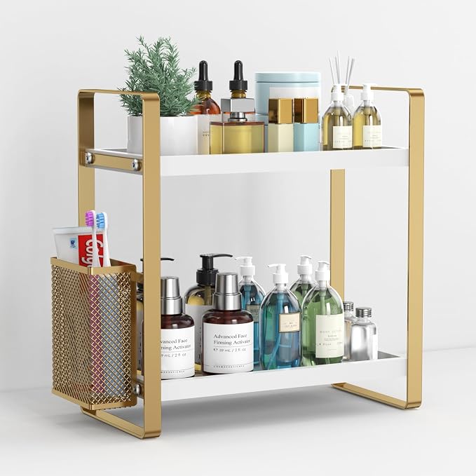 Bathroom Counter Organizer with Basket, Perfume,Makeup Organizers for Vanity,Storage Organizers for Bathroom, Kitchen, Dresser（White） by LemikkleDirect