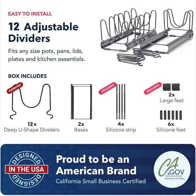 5.5” Wide 12-Slot Adjustable Pot Lid Organizer with Scratch-Free Pads, Expandable Pot Lid Holder Rack for Cabinet, Small to Medium Pots and Pans Organizer Inside Cabinet - Image 6