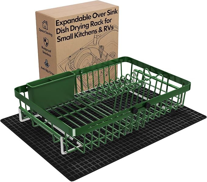 Green Dish Drying Rack Over The Sink with Utensil Holder, Mat | Expandable Stainless Steel Dish Drainer for Small Kitchen, Apartment, RV, Counter Space Saving, Perfect Fit, Rustproof by MAJALiS