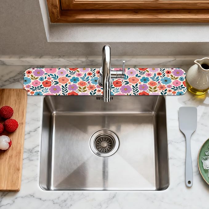 2 Pcs Kitchen Sink Splash Guard Faucet Mat Colorful Spring Flowers Faucet Mat for Sinks Absorbing Drying Mat for Kitchen Bathroom, 23.6x5.5inch - Image 3