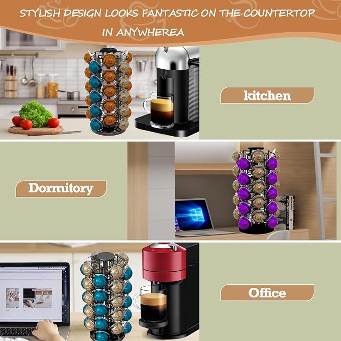 Nespresso Pods Holder Tower Stand,Vertuo Pod Holder 40 Pods Capacity,Black | Coffee Pods Holder Organizer Fits Vertuo Pods, 360°Revolving Pod Carousel, Space-Saving for Countertop,No Assembly Required - Image 9