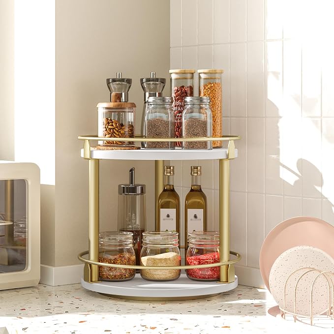 Lazy Susan Organizer, Rotating Spice Rack, 2 Tier Spice Turntable Organizer, Industrial Turntable Spice Holder, for Kitchen Countertop and Cabinet, Compact and Versatile, White and Gold SR22DW - Image 2
