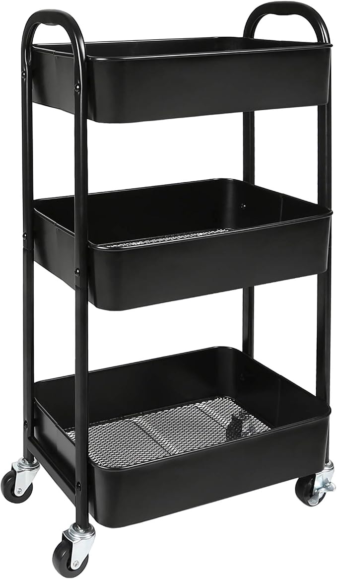 3-Tier Rolling Utility Cart with Caster Wheels Easy Assembly, Black | Easy Assembly, multi-purpose storage trolley for kitchen, rolling cart with smooth caster wheels for bathroom by MAXHouser