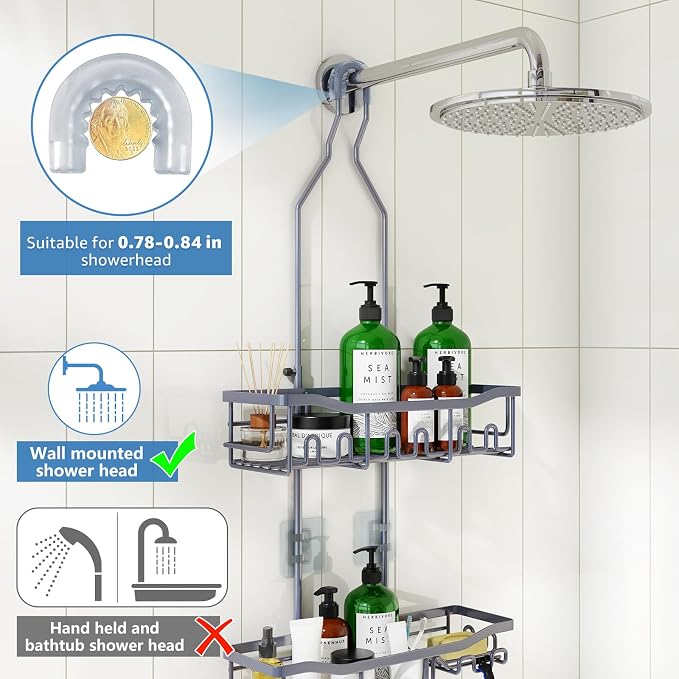 Upgraded Extended Length Shower Caddy Over Showerhead No Blocking to Showerhead, Rustproof Bathroom Organizers and Storage with Hooks Shampoo Soap Holder, Large Hanging Caddy, Grey - Image 4