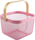AJIODA Metal Mesh Steel Basket, Storage Organizer Basket Multi-functional Hanging Kitchen Baskets Fruit Basket Bin with Bamboo Handle for Kitchen Bathroom Picnic Shopping Decor Cabinet Home, Pink by AJIODA