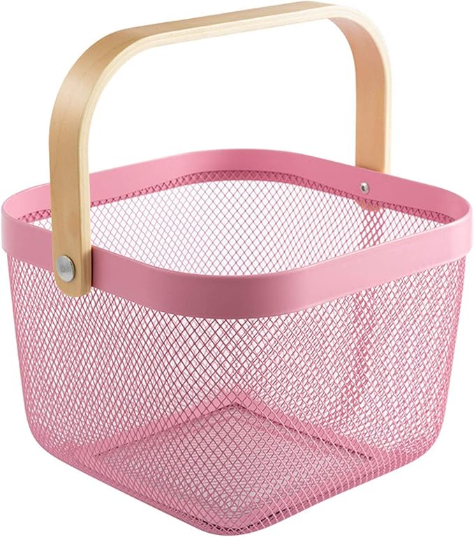 AJIODA Metal Mesh Steel Basket, Storage Organizer Basket Multi-functional Hanging Kitchen Baskets Fruit Basket Bin with Bamboo Handle for Kitchen Bathroom Picnic Shopping Decor Cabinet Home, Pink by AJIODA