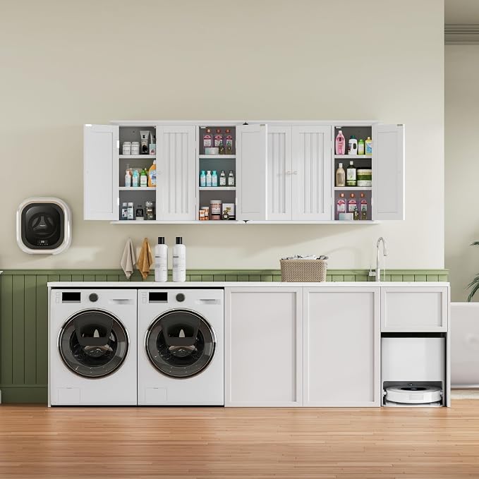 ChooChoo Laundry Cabinet with 3 Doors and Adjustable Shelves | 9.06"D x 31.1"W x 24"H, Bathroom Wall Cabinet, Cupboard, White - Image 4