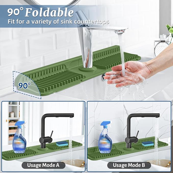PoYang 24 Inch Faucet Mat for Kitchen Sink Splash Guard, Avocado Green | Sink Protectors with 7° Slope for Smooth Drainage, Snap Button Holds It in Place, 90° Foldable & Cuttable Hole Fit Most Sinks - Image 2