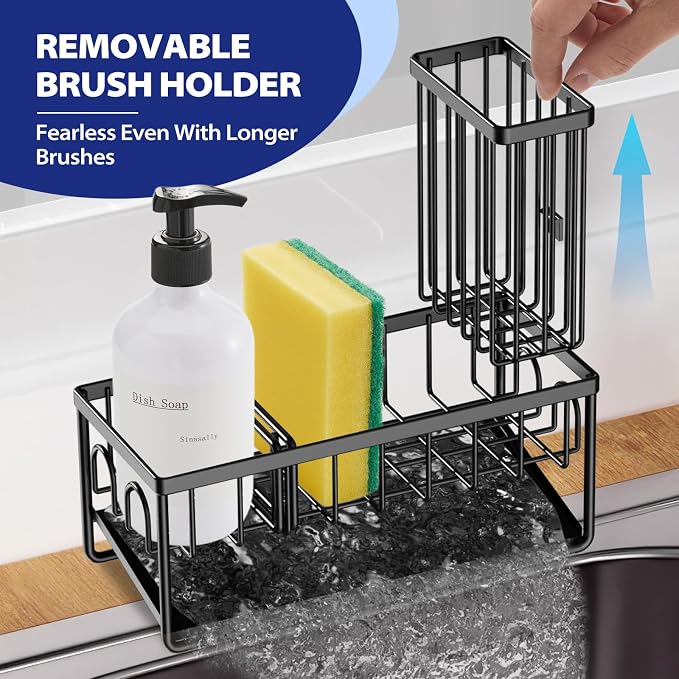 Sinnsally Kitchen Sponge Holder,Sink Caddy Organizer with Brush Holder,Stainless Steel Sink Box Dish Scrubber Holder with Self Drain Tray,Soap Dispenser Kitchen Storage Accessories(1 Tier-Black) - Image 3