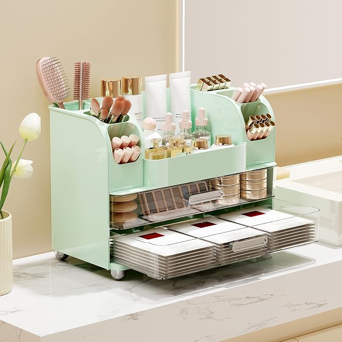 UFORU Makeup Organizer Countertop with 2 Large Drawers for Vanity Bathroom | Brush Holder, Large Capacity, Thickened Plastic, Compact Footprint, Space-Saving Design, Easy Clean, Ideal for Dorm Rooms - Image 2