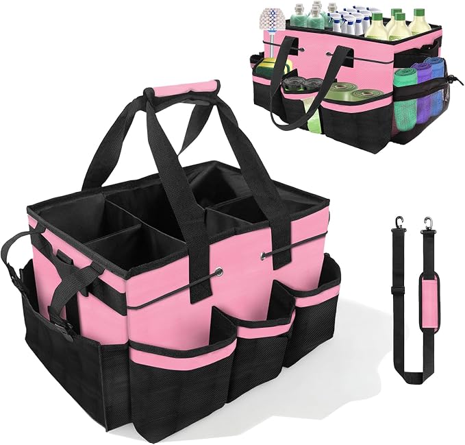Wearable Cleaning Caddy Bag, Cleaning Supplies Tote for Housekeeping | 5-Pocket, 4-Divider Main Compartment, Adjustable Straps & Handle, Collapsible, Leak-Proof, for Car Detailing & Janitorial by AUVCAS