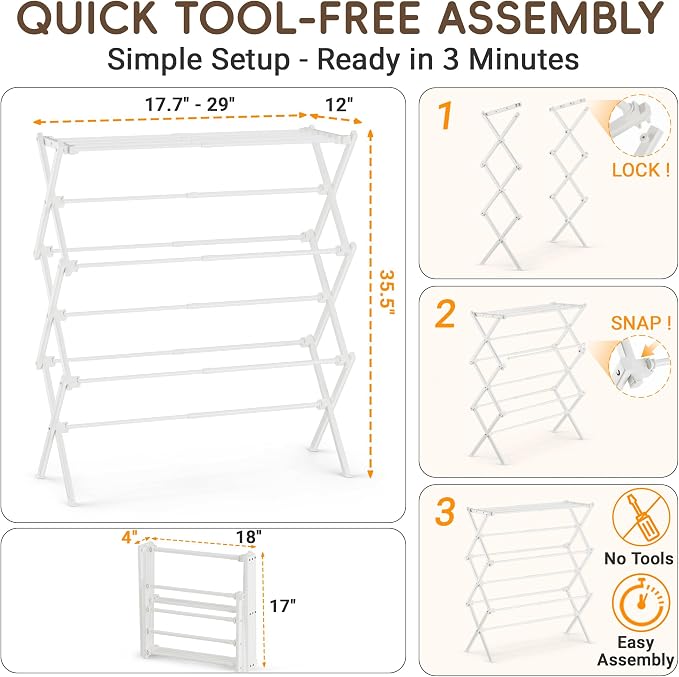 Foldable Clothes Drying Rack, Reinforced Joints, White | 35 lbs load, rustproof carbon steel, adjusts 17.7"-29"W, indoor & outdoor, tool-free - Image 5