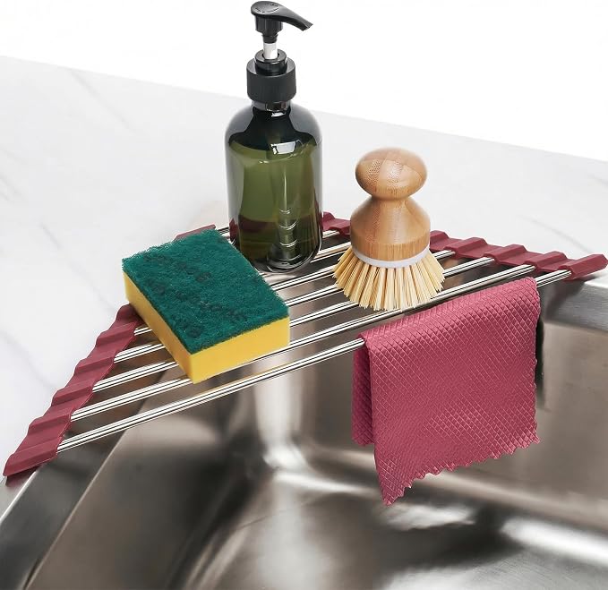 Tomorotec Triangle Roll Up Dish Drying Rack 304 Stainless Steel Wine Red | BPA-Free Food-Grade Silicone Edges Foldable Waterproof Rustproof Heavy-Duty Space Saver Heat Resistant to 550°F by Tomorotec