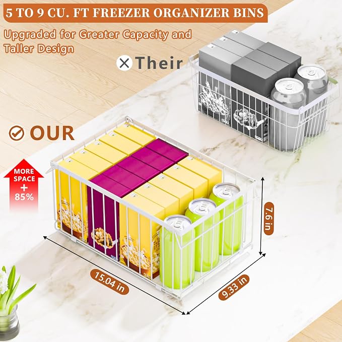 Large Freezer Organizer Bins for 5 to 9 Cu.Ft,Quick Expand/Collapse,4PACK | Freezer Organizer Bins, Stackable,foldable,With handle Wire Storage Container Baskets for Sort Frozen Meats,Leak-Proof Liner - Image 3