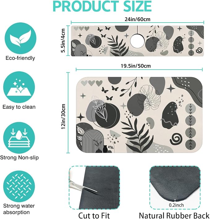 Dish Drying Mat for Kitchen Counter Matt, 2PCS 19"x12" Dish Drainer Mat & 24"x5.5" Sink Splash Guard, Super Absorbent Non-slip Rubber Backed - Image 2
