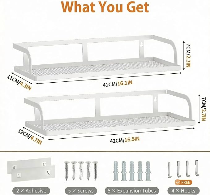 PUSDON 2-Pack 16.5" Extra Long Slim Hollowout Shower Caddy, Wall Mount Spice Rack & Bathroom Organizer, Mesh Bottom Cabinet Door Shelf Holds 50LBS - White, Hollowout - Image 3
