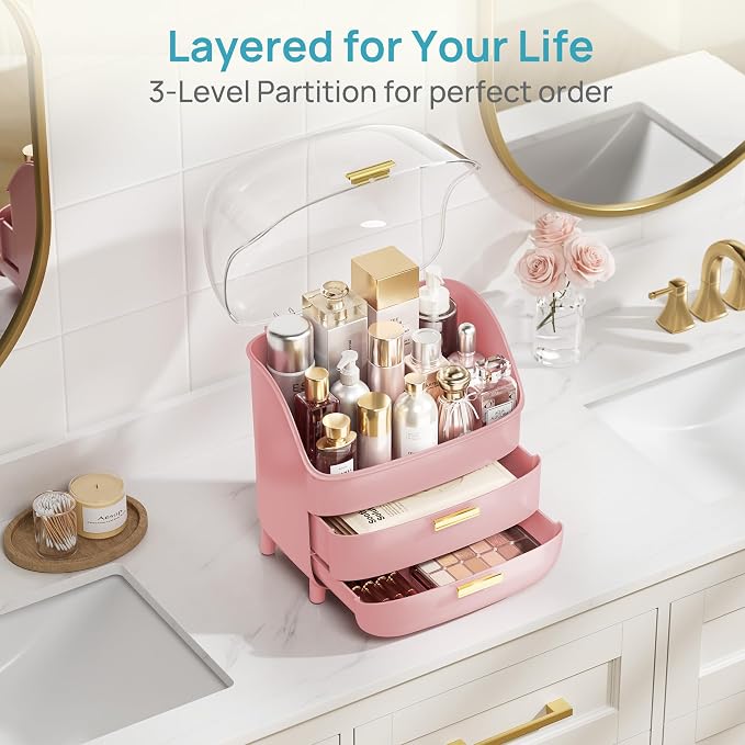 Vtopmart 3-Tier Skincare Makeup Organizer with Lids, Pink | With Drawers and Lid, For Vanity and Bathroom Countertop, Large Cosmetic Storage Box Case for Dresser, With Non-Slip Base - Image 5