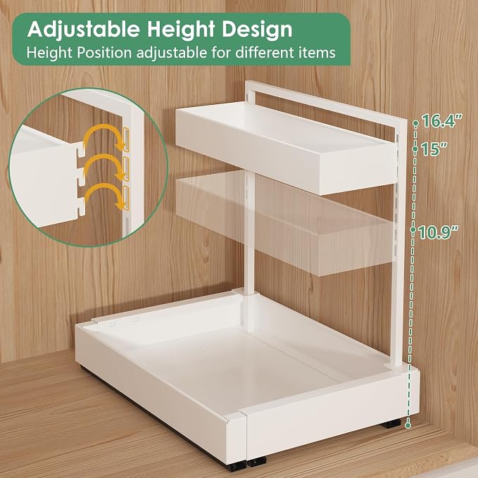 Expandable Under Sink Organizer with 6-Level Height Adjustment | Expandable Width, Pull-Out Cabinet Storage Rack with Quiet Sliding Rails for Kitchen, Bathroom, Laundry Room Cabinets, White - Image 4
