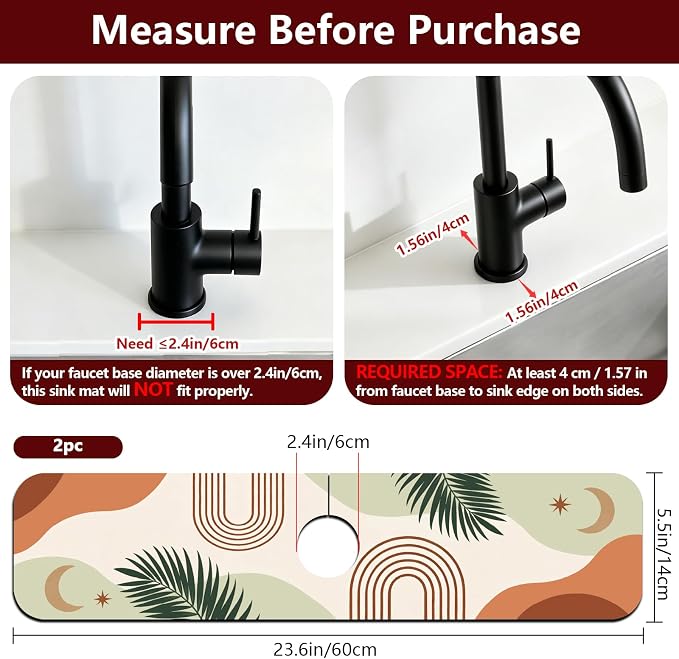 2 Pcs Plant Kitchen Sink Splash Guard Faucet Mat Bohemian Tropical Leaves Faucet Mat for Sinks Absorbing Drying Mats for Kitchen Bathroom, 23.6x5.5inch - Image 2
