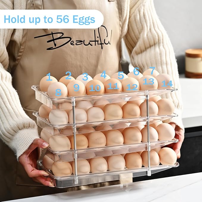 Egg Holder,4 Tier Clear Organizer with Auto-Roll Design, Adjustable Height Egg Storage Container Holds Up to 56 Eggs for Refrigerator,Kitchen Cabinet - Image 4