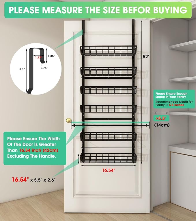 Mefirt Over The Door Pantry Organizer, Pantry Storage and Organization | 6-Tier Adjustable Hanging Baskets, Metal Wall Mount Spice Rack Seasoning Shelves for Home & Kitchen, Laundry Bathroom - Black - Image 2