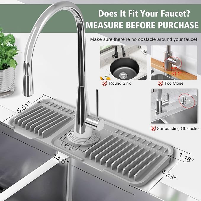 14.6-Inch Kitchen Sink Splash Guard Mat | 7° Slope for Fast Self-Draining | Snap-Lock Design | Universal & Cuttable Silicone Faucet Mat GRAY - Image 3