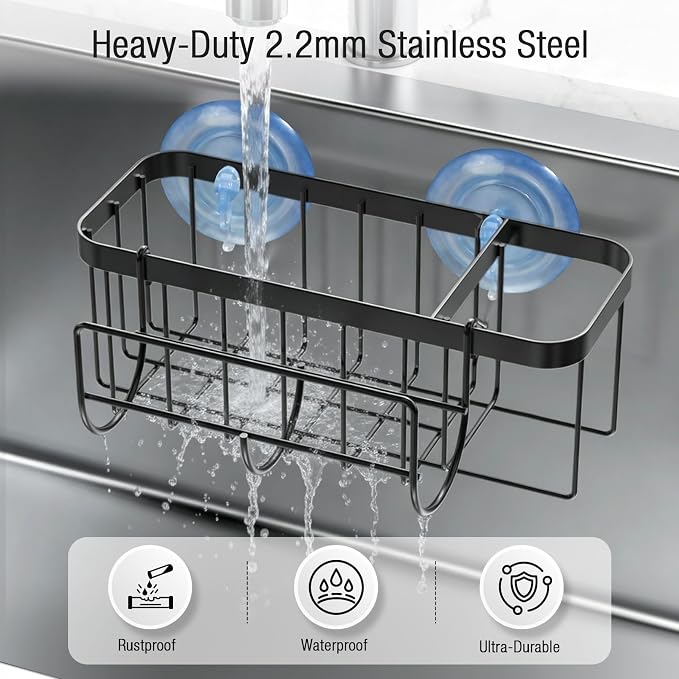 3-in-1 Kitchen Sink Caddy Organizer with Sponge Holder, Brush Holder, Extra Rack for Scrubber, Sink Stopper, Dish Cloth Hanger - Strong Dual Suction Cup, 2.0mm SUS304 Stainless Steel - Black - Image 8