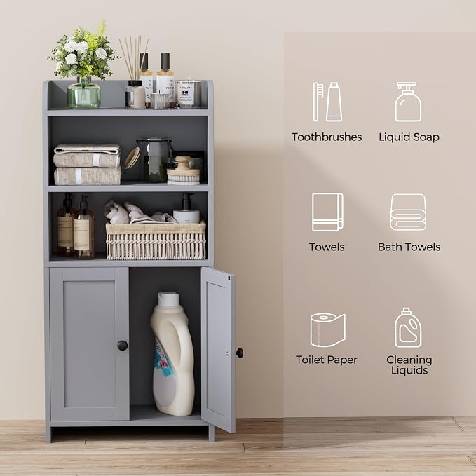 Homhedy Small Bathroom Storage Cabinet, Toilet Paper Storage Cabinet | Bathroom Floor Cabinet with Doors and Shelves, Bathroom Organizers for Small Spaces, 7.9" D x 14.6" W x 31" H, Gray - Image 4